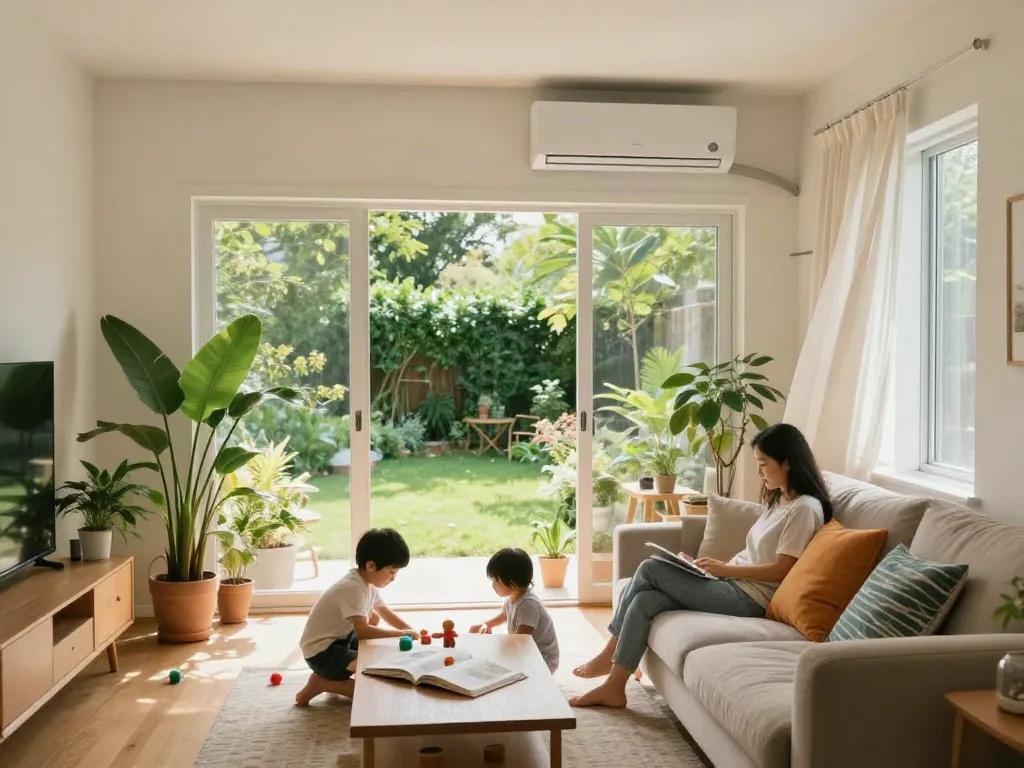Ductless ac unit keeping a cozy home comfortable while family enjoys leisure time indoors.