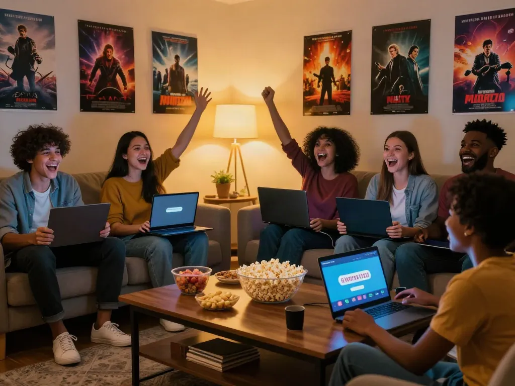 Friends enjoying the FilmyZilla official site app on smart devices in a cozy living room.