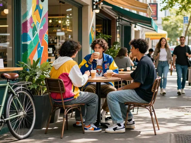 Youth in vibrant streetwear discussing rokok88 trends at an outdoor café.