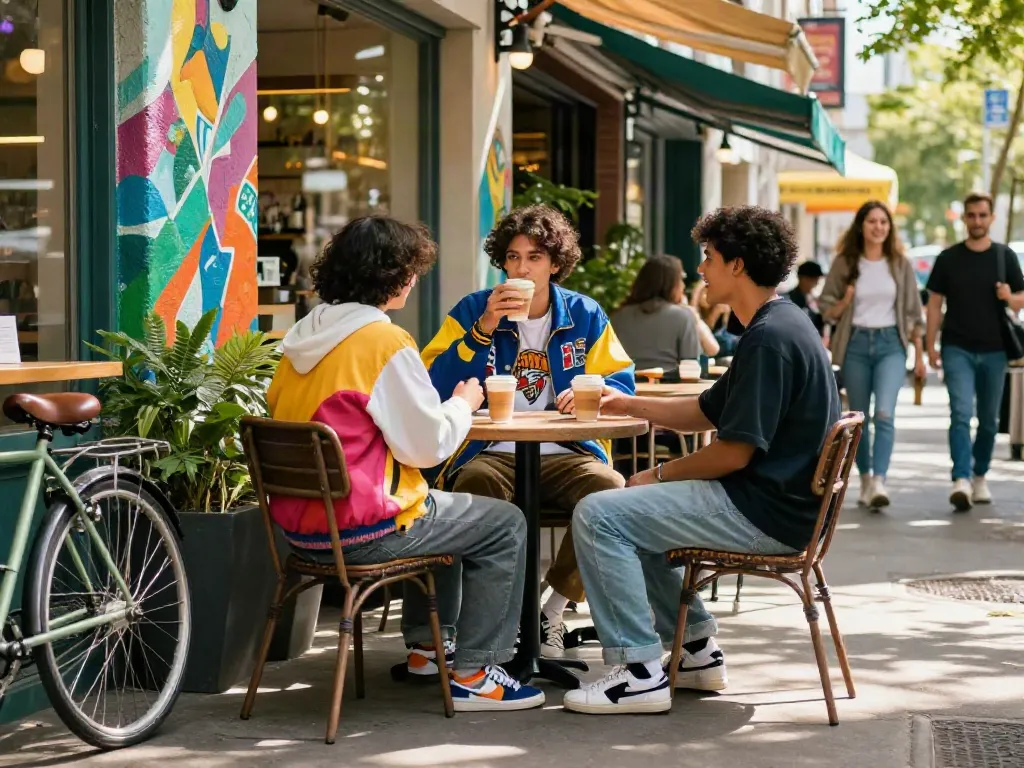 Youth in vibrant streetwear discussing rokok88 trends at an outdoor café.