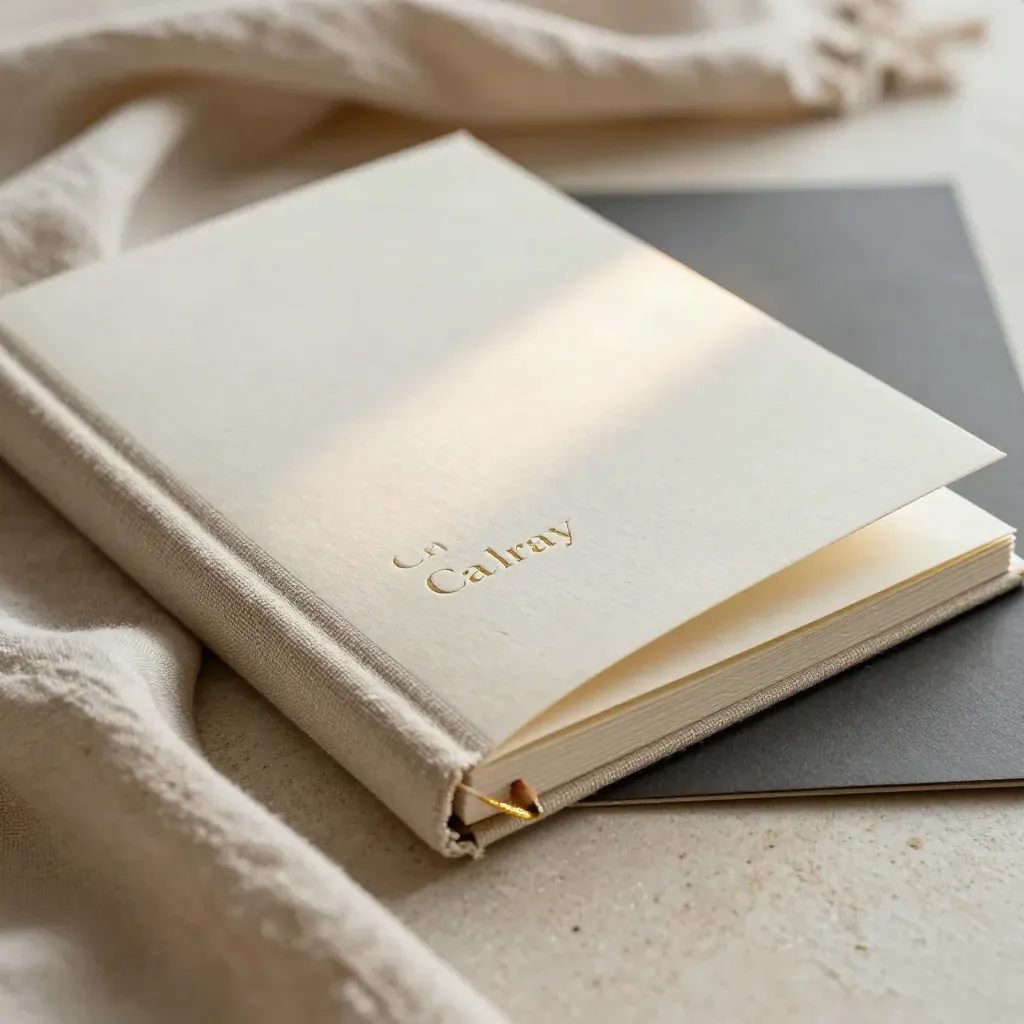 Macro of a seller plan booklet in oatmeal linen with an envelope and pencil stub.