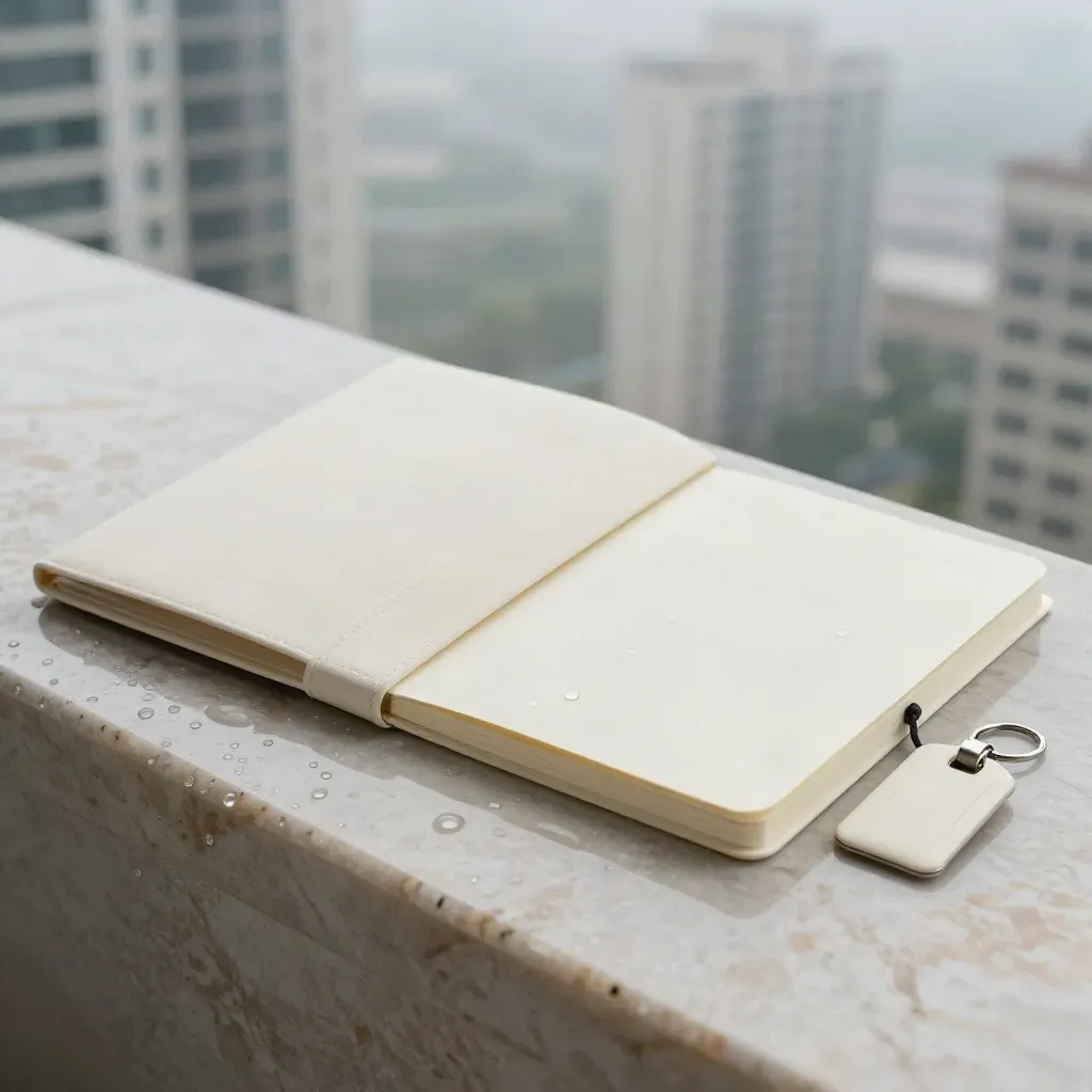 Rain-kissed first-time buyer pack with folder, notepad, and key tag on stone ledge by blurred towers.