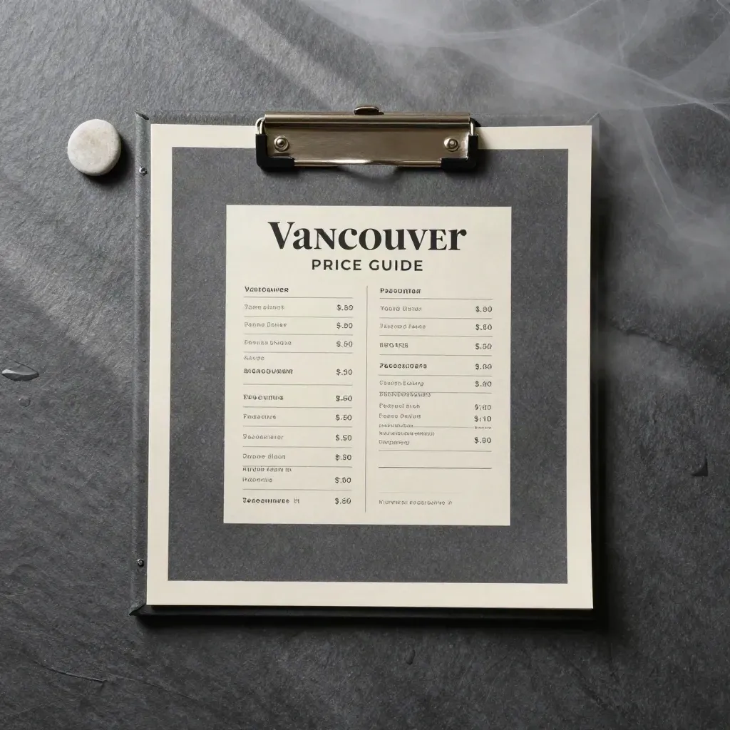 Overhead flatlay of a Vancouver condo price-guide folio on wet slate with stone chip and metal clip.