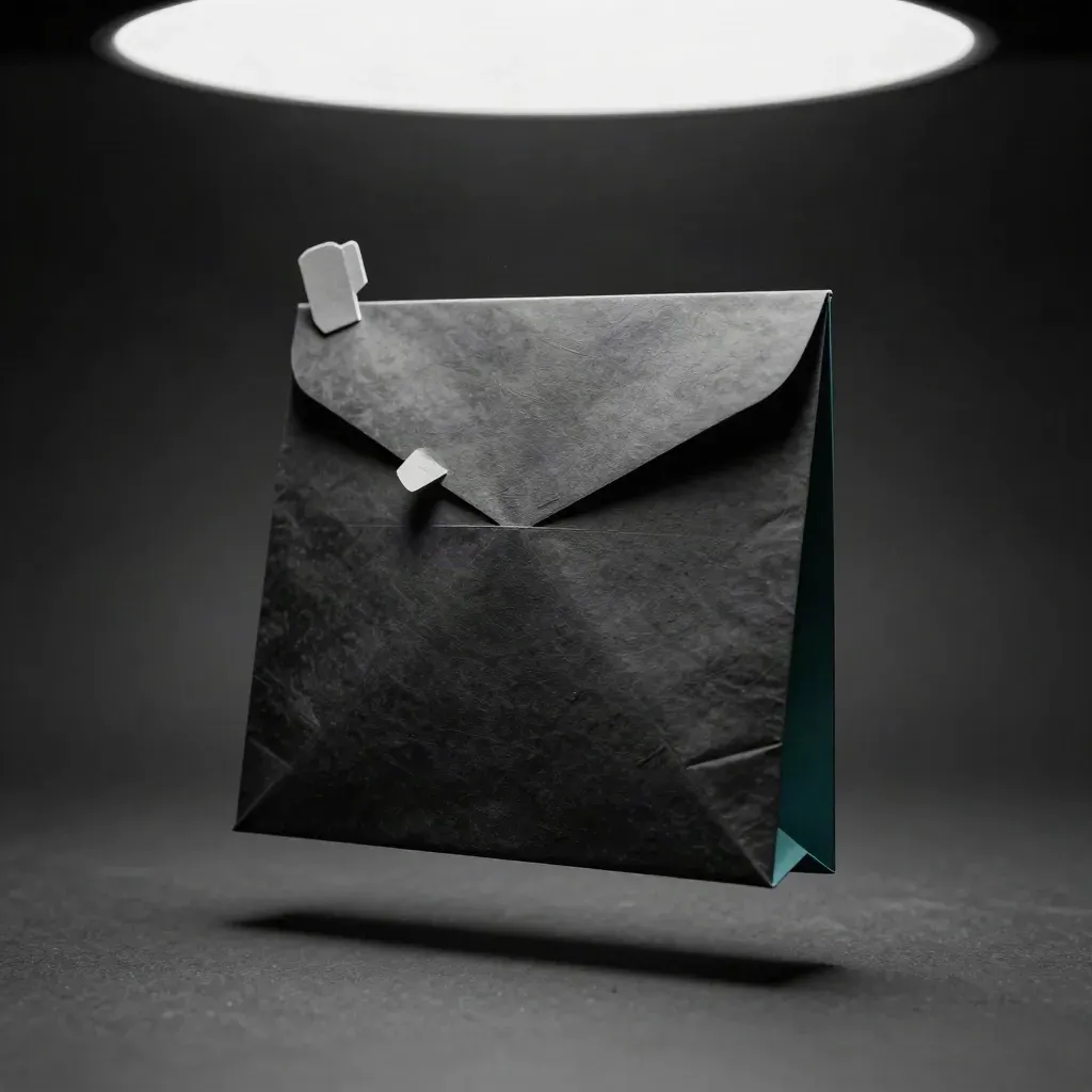 Suspended condo-alert packet with folded card and paper tabs on dark paper