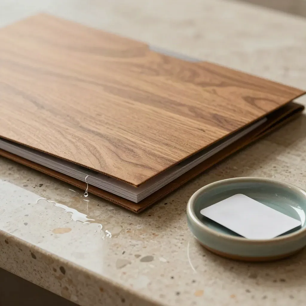 Montreal rental folder on damp terrazzo beside teal-glazed dish, transit card and a wet water trail