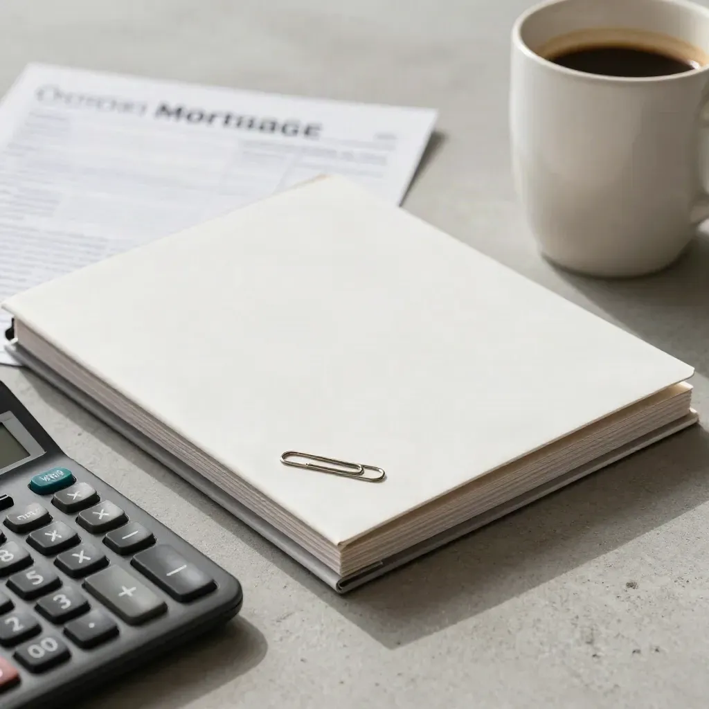 Mortgage folder beside calculator and coffee cup on pale concrete