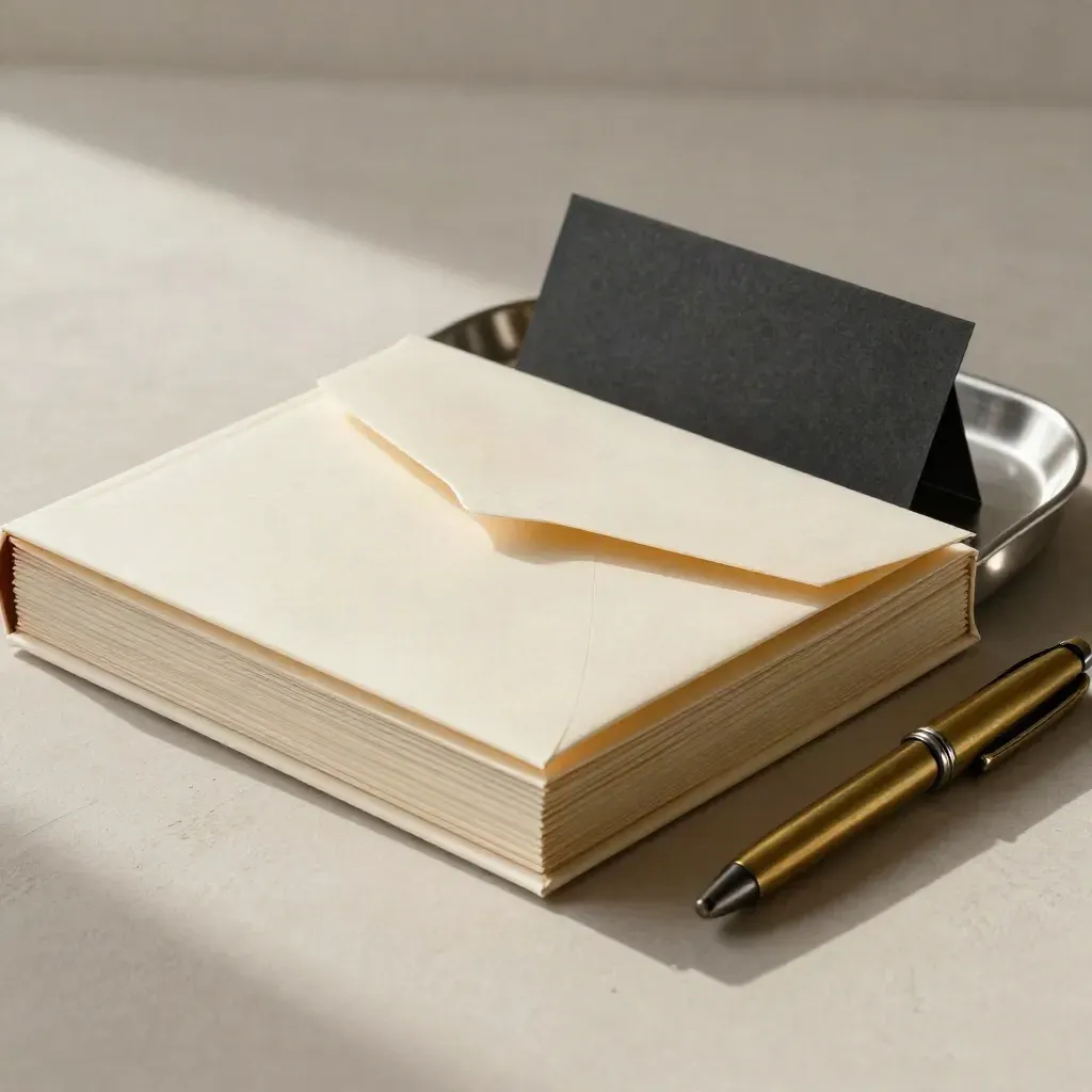 Ottawa buyer-call folio with sealed envelope, brass pen and steel tray on pale plaster