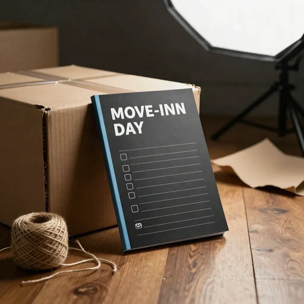 Checklist booklet leaning on a cardboard box with twine on a raw wood floor