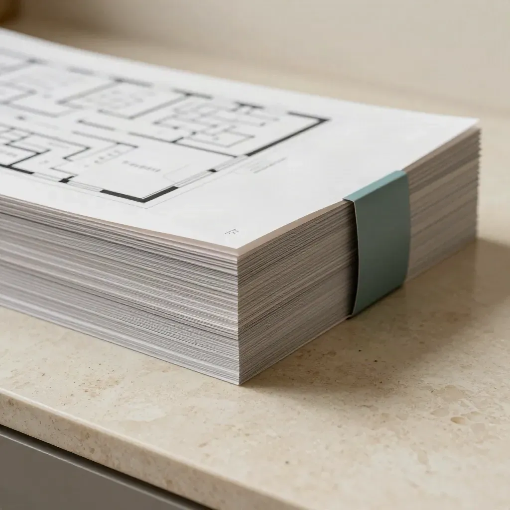 Toronto floor plan kit folio with layered sheets and teal divider on pale travertine