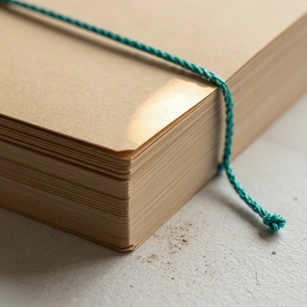 Macro of textured move-in cards, wrapped booklet, and loose teal cord on plaster dust.