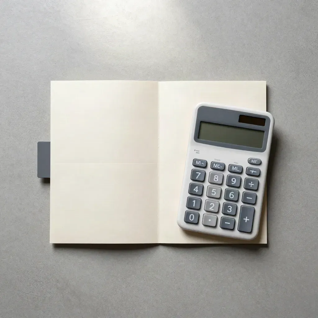 Overhead flatlay of a condo price packet, calculator, folded cards and graphite clip on pale concrete.