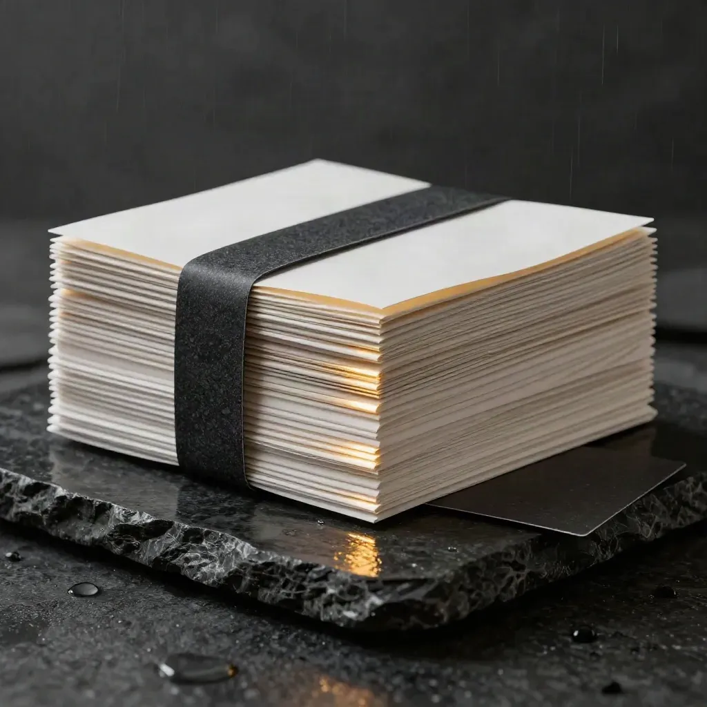 Layered condo alert sheets on wet stone with a water bead and gold edge in dramatic studio light.