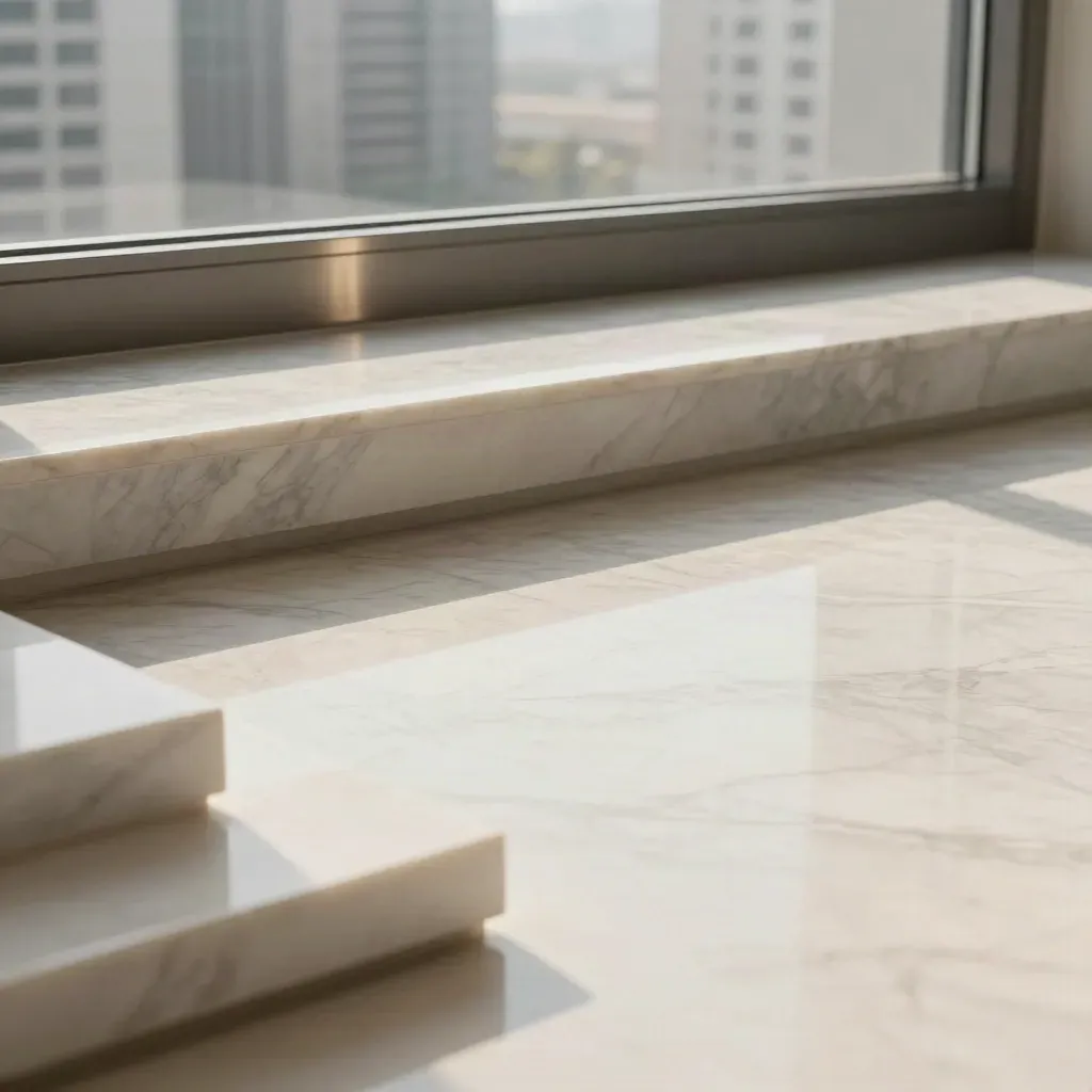 Marble lobby edge with stair shadow and skyline reflection over a calm copy-ready stone field.