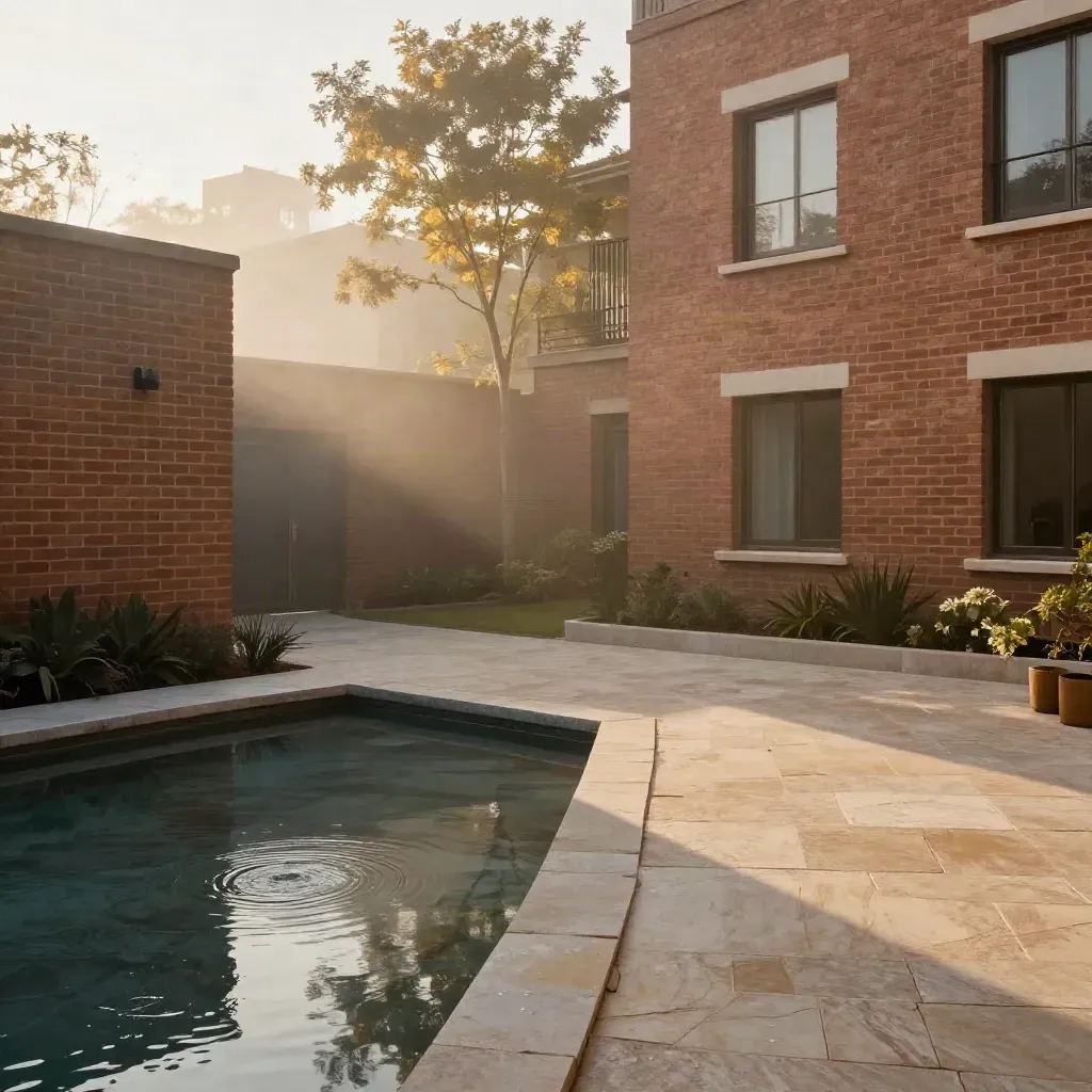 Warm brick condo courtyard with mist, shallow water, and a lone tree at dawn.