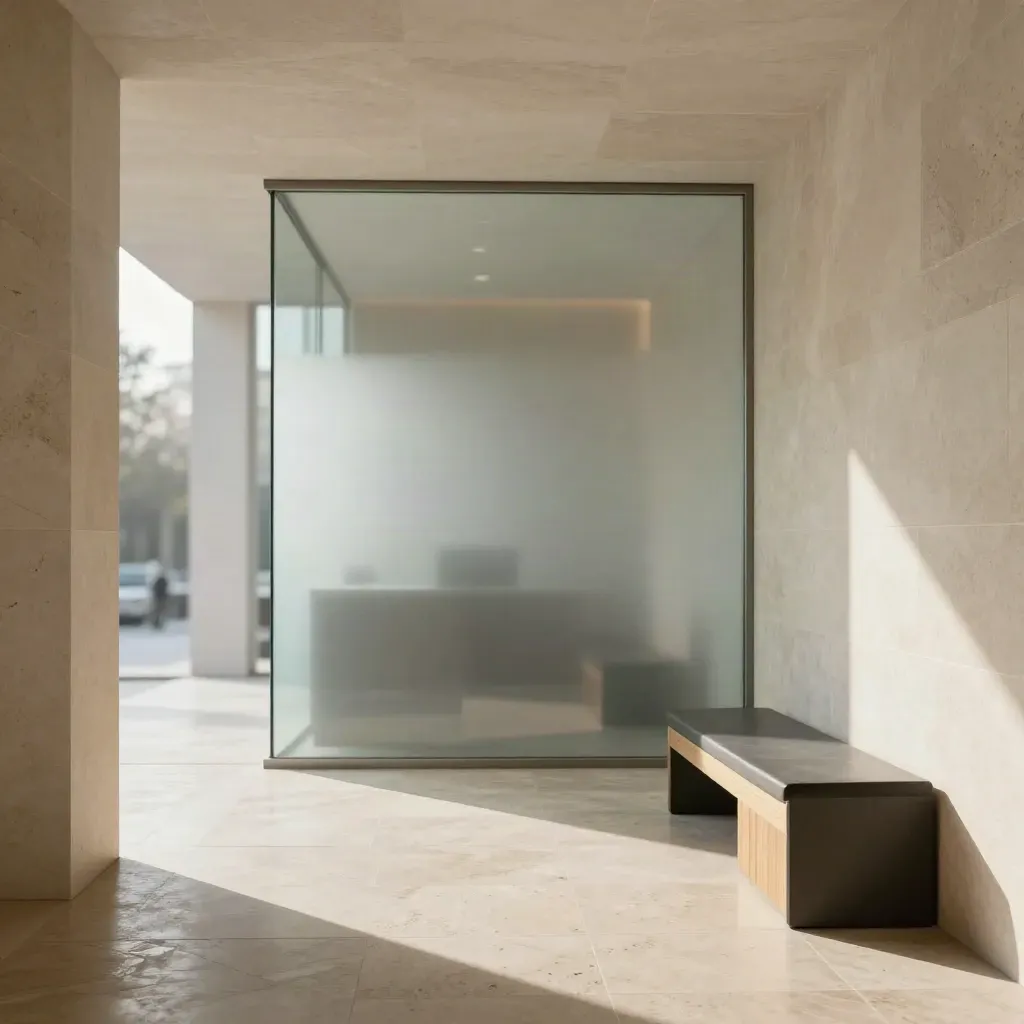 Pale stone hallway opening into a bright modern mortgage office with glass, oak, and travertine.