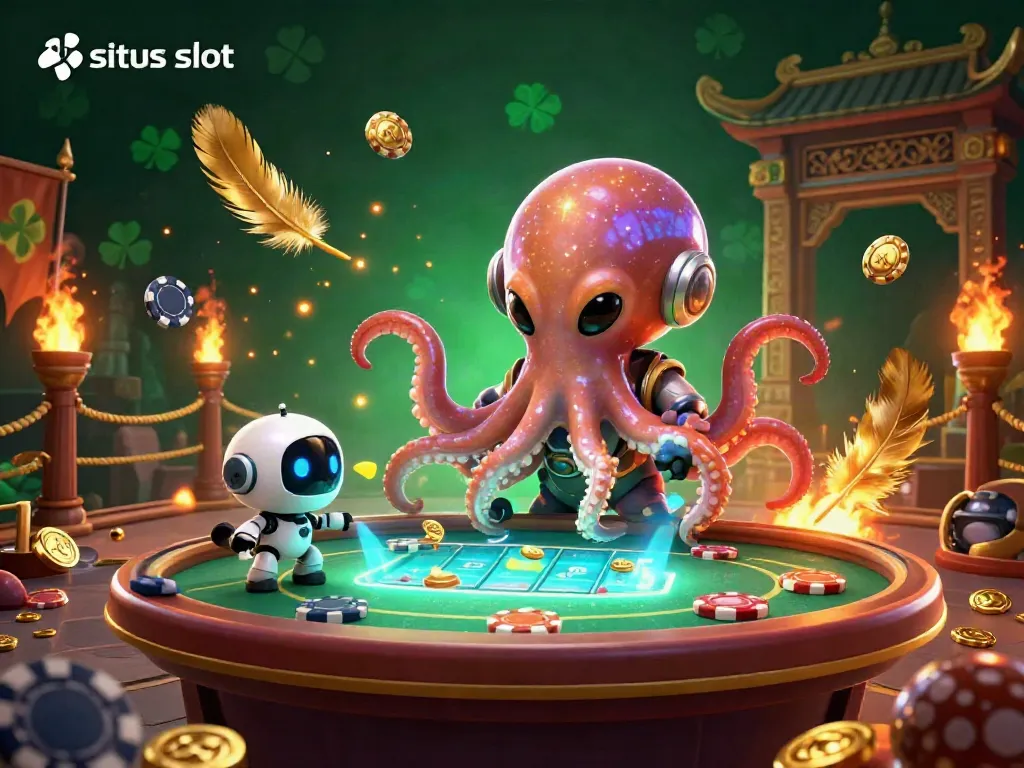 Experience thrilling gameplay with this vibrant illustration showcasing situs slot in a dynamic casino scene.