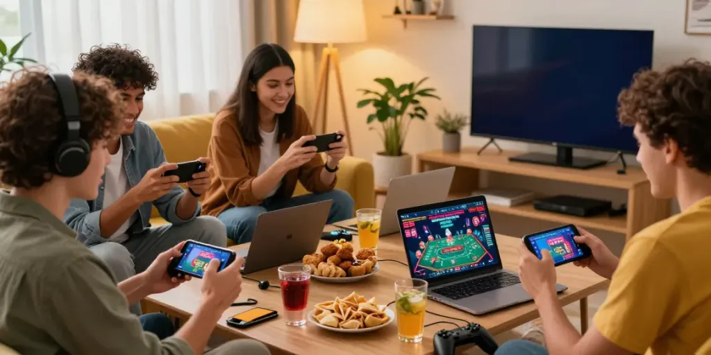 Exciting gaming experience with friends exploring GEM88 on devices in a cozy living room.